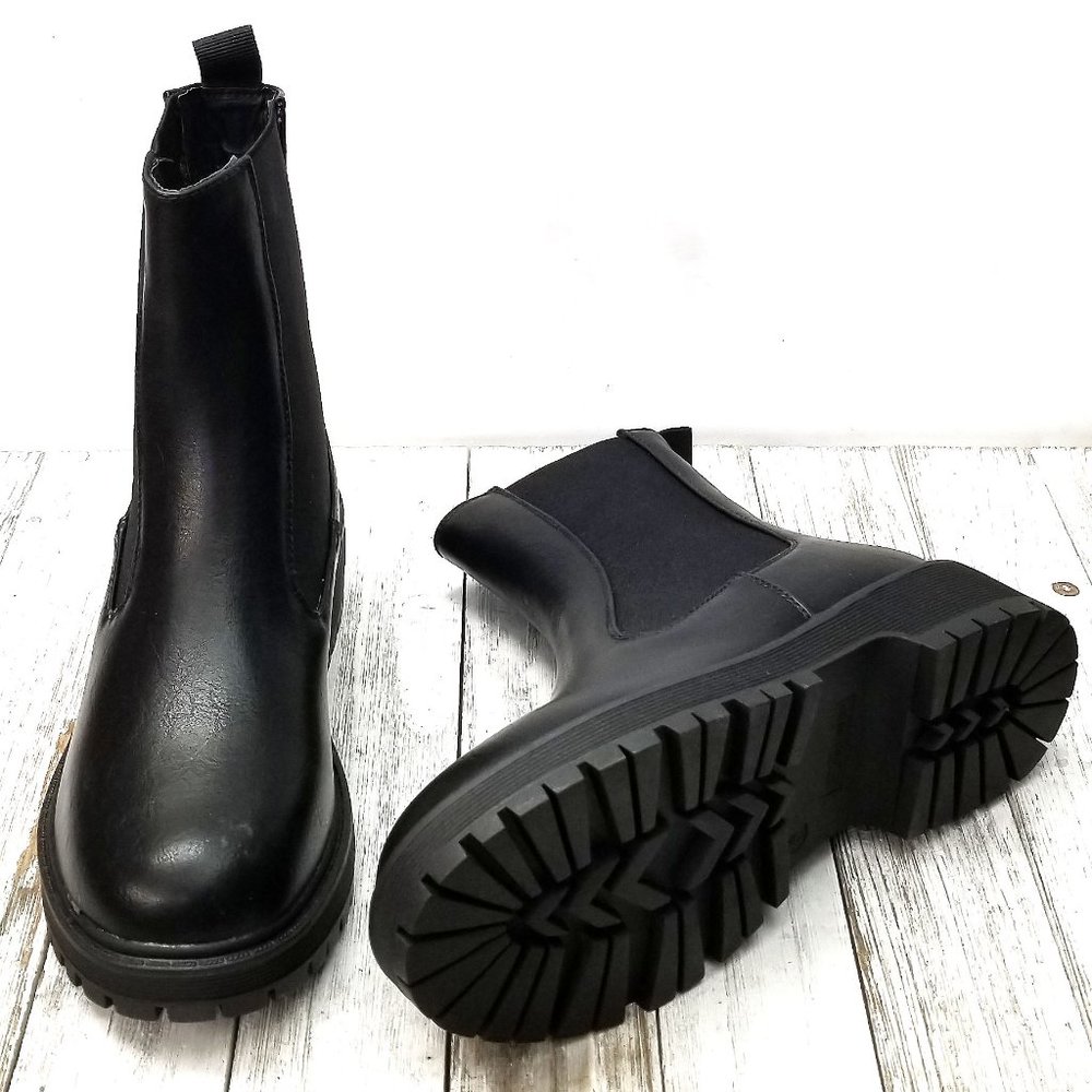 New Black Chelsea Round Toe Elastic Panel Platform Lug Sole Combat Boots - Picture 6 of 6